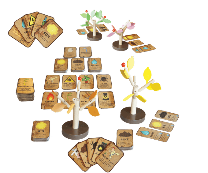  Each game players must find a balance between building up their own tree using growth and defensive based cards, and hacking down the competition using offensive cards. The perils your burgeoning tree might face range from flash floods and drought, to lawn-mowers and nuclear waste. !