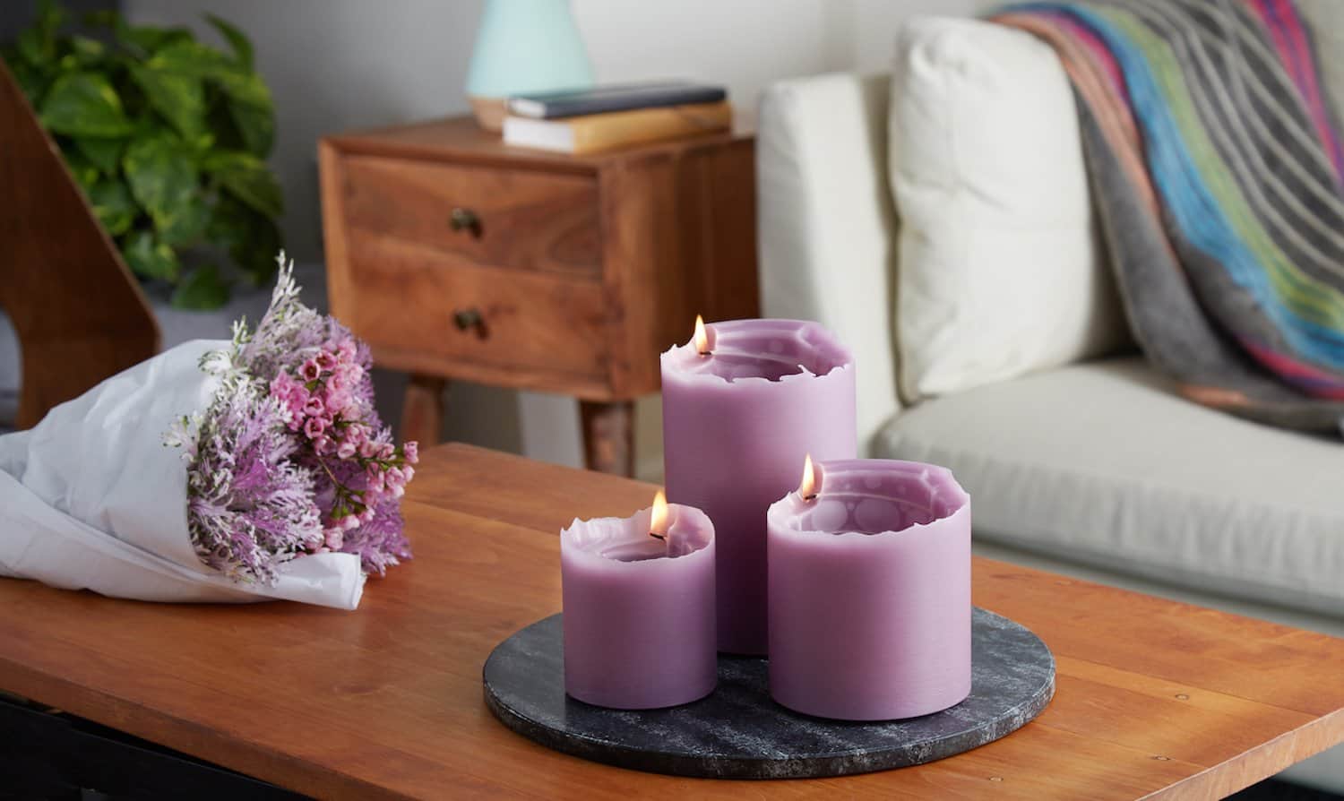 spiral light candles set of 3 in lilac