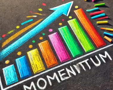 A chalk drawing on asphalt depicting a bar graph with increasing colorful bars and an upward arrow labeled 'Momentum'. The bars are in bright colors such as blue, yellow, orange, pink, and green, and the arrow points upwards to the right, symbolizing growth and progress.